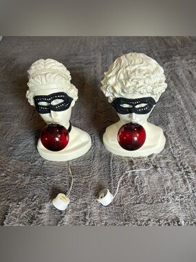 Pair of Ashland Decorative Bust Lamps with Black Masks & Red Bubbles